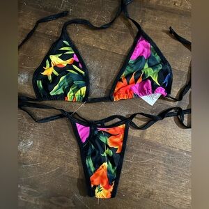 NWOT Sexy Skimpy Handmade Triangle Top Tie Side Bottom Black Floral Print Bikini